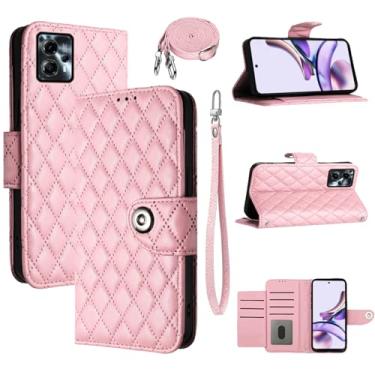 Imagem de Dswteny Capa carteira para Motorola Moto G53 5G/G13/G23 com alça de ombro transversal, padrão Argyle PU couro flip crédito suporte capa para celular G 13 23 4G 53G 53 meninas mulheres rosa