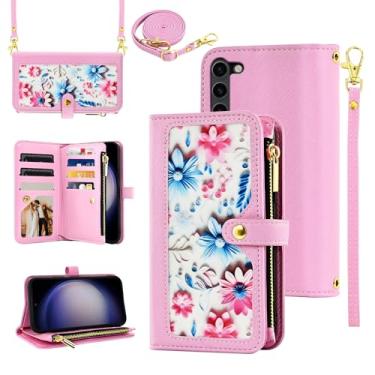 Imagem de Furiet Capa carteira floral para Samsung Galaxy S23 5G com alça de pulso alça de ombro flip bolsa com zíper, suporte de cartão de couro PU de luxo para celular S 23 23S GS23 G5 SM-S911U 15.5 cm rosa