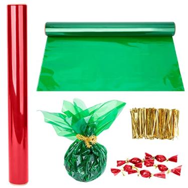 Imagem de Wehhbtye Rolo de celofane de Natal com 2 rolos – 9,5 m de comprimento x 81 cm de largura Papel de embrulho de celofane transparente com 800 peças de laços dourados de 7,5 cm – Embalagem de embrulho