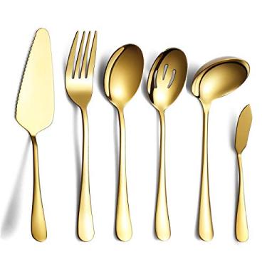 Imagem de Conjunto de talheres dourados de 6 peças, conjunto de utensílios de servir de aço inoxidável, inclui servir para servir bolo, colher de servir, colher de servir, garfo de carne fria, faca de manteiga, concha de sopa