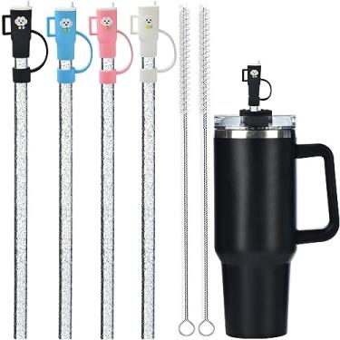 Imagem de ALINK Pacote com 4 canudos de substituição com glitter e cobertura de palha para Stanley copo de 1,1 litro de 850 g, 30,48 cm de comprimento de plástico transparente reutilizável para acessórios Stanley Cup, jarro de 30,5 cm, mais 2 escovas de limpeza ¡