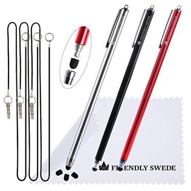 Imagem de (Red + Black + Silver) - The Friendly Swede Extra Long - Bundle of 3 Premium XXL Thin-Tip High Precision Universal Capacitive Stylus Pens 2.2m x 0m + Extra 3 Replaceable Tips + 2.2m x 0m' Elastic Tether Lanyards + Cleaning Cloth in Retail Packaging (Red + Black + Silver)
