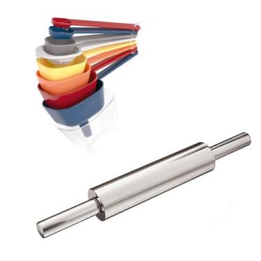 Imagem de Kit rolo Inox abridor massa pizza + colher xícara medidora funil separ