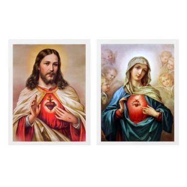 Imagem de Kit 2 Quadros Sagrado Coração De Jesus E Maria Colorido 45x34cm - com 
