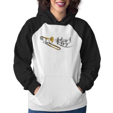 Imagem de Moletom Feminino Trombone Notas Musicais - Foca na Moda, Branco, Preto