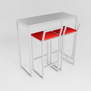 Imagem de Bancada Cozinha Balcão Gourmet 120cm Branco Com 2 Banquetas Estofada B