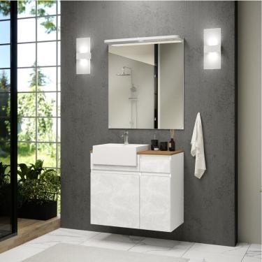 Imagem de Gabinete para Banheiro com Led, Cuba e Espelheira 80cm Cora Branco/Cristal/Amêndoa