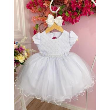 Imagem de Vestido Infantil Branco C/ Renda e Peito Strass Batizados - menina bon