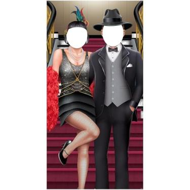 Imagem de Beistle Suporte para foto de casal anos 20, decoração de festa vintage loucos anos 20, design melindrosa e cavalheiro, papelão ondulado com cavalete, 1,8 m x 9,5 cm, preto/vermelho/multi