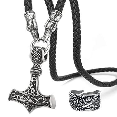 Imagem de BAVIPOWER Mjolnir Pingente de Martelo de Thor com Cabeça de Corvo Colar de Couro Aço Inoxidável Nórdico Escandinavo Joias Viking Autênticas, Metal