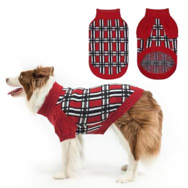 Imagem de SCENEREAL Suéter pulôver de cachorro médio/grande, suéter de tricô para cães grandes, xadrez de gola rolê grossa roupa de inverno para Corgi, buldogue francês, Border Collies, Retriever