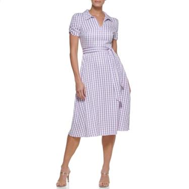 Imagem de DKNY Vestido polo feminino com manga franzida colorida, Lilás/branco, 36