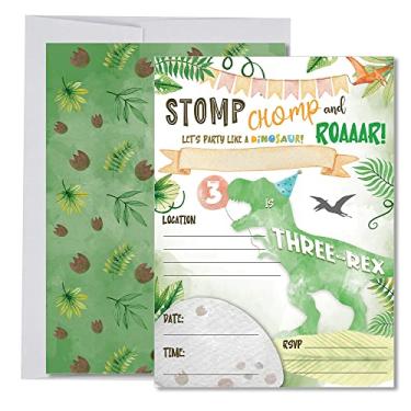 Imagem de Convites de aniversário de dinossauro para meninos de 3 anos, decoração e suprimentos de festa Three Rex, 20 convites de preenchimento + envelopes