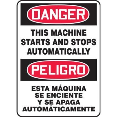 Imagem de Accuform SBMEQM152XV Placa adesiva espanhol-bilíngue de vinil Dura, legend"DANGER THIS MACHINE STARTS AND STOPS", 35,5 cm de comprimento x 25,4 cm de largura x 0 cm de espessura, vermelho/preto sobre branco