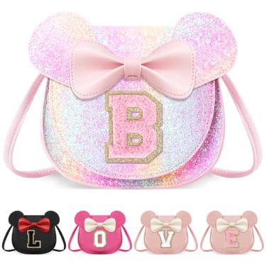 Imagem de izuzta Bolsa infantil para crianças 1 2 3 4 5 6 7 8 anos de idade bonito mouse orelha laço bolsa transversal presente de aniversário, Bolsa grande/brilhante/letra rosa, B, B