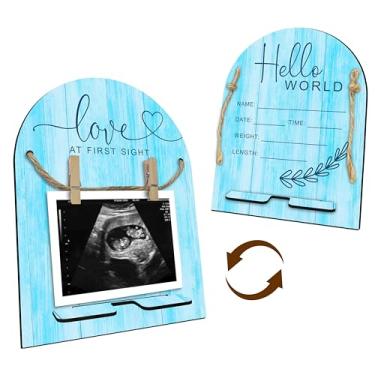 Imagem de Placa de madeira Hello World Baby Recém-nascido – Moldura de ultrassom com suporte – Placa de anúncio de bebê inacabada com impressão dupla face – Quadro de marcos de bebê e presente de gravidez