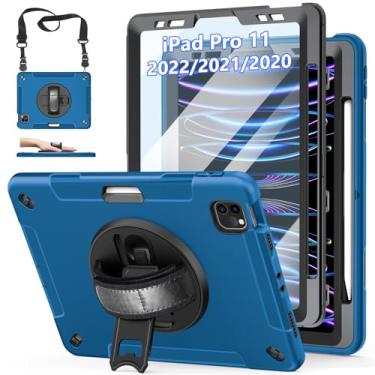 Imagem de Capa para iPad Pro 11 polegadas 2022/2021/2020/2018: Capa para iPad 11 polegadas 4ª/3ª/2ª/1ª/1ª geração com protetor de tela - suporte - alça de ombro - suporte de lápis azul
