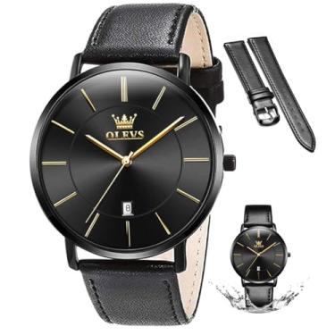 Imagem de OLEVS Relógio de pulso masculino masculino de luxo relógios leves de couro à prova d'água movimento japonês relógio de pulso com data de calendário, relógio clássico ultra fino minimalista, Preto