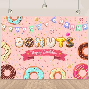 Imagem de Tema Donuts, pano de fundo de feliz aniversário, doce donut, candyland, pano de fundo para crianças, meninas, fundo fotográfico, bandeira de confetes, colorido, faixa de aniversário, decoração de