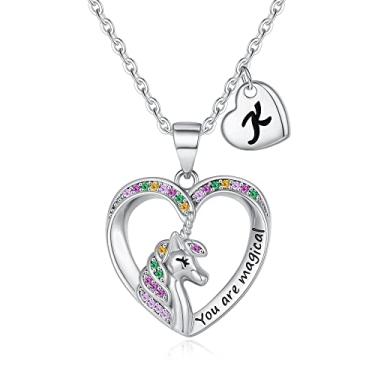 Imagem de Colares de unicórnio para meninas - Joias com pingente de coração CZ banhado a ouro 14K, ouro branco/ouro rosa, colares iniciais para crianças e adolescentes, presentes coloridos de unicórnio, Latão