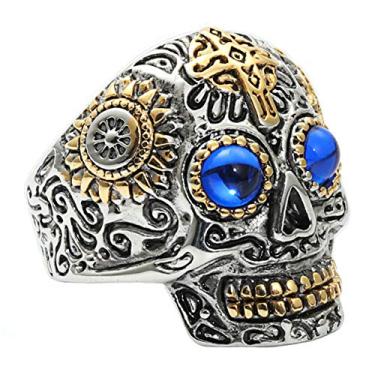 Imagem de INRENG Anel masculino de aço inoxidável prata dourado gótico crânio cruz verde olho vintage flor esculpida Halloween, Metal, Zircônia cúbica,
