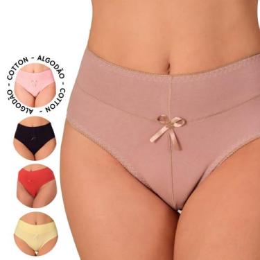 Imagem de Kit 5 Calcinha Cintura Alta Cós Duplo Cotton Algodão Liso Segura Barri