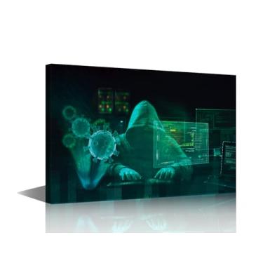 Imagem de Hacker in Action Canvas Wall Art Hooded Hacker Breaks Into Data Servers Pinturas Impressões em Tela Arte Moderna Imagens para Sala de Estar Quarto Decoração de Parede Giclée Emoldurado Pronto para