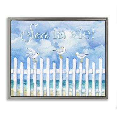 Imagem de Stupell Industries Design de arte de parede em tela emoldurada flutuante cinza gaivotas na cerca da praia por Paul Brent, 78 x 63 cm