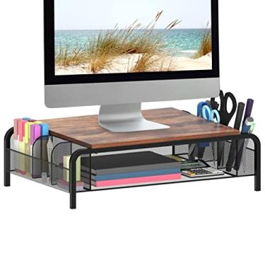 Imagem de Suporte para monitor de mesa de metal Trwcrt com gaveta organizadora, elevador de monitor rústico para computador, impressora pequena, laptop, preto e marrom
