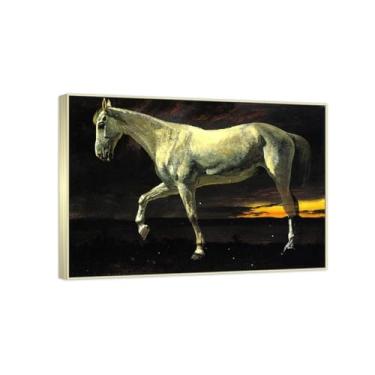 Imagem de Emoldurado - Arte de parede famosa - Reprodução de pinturas famosas de Bierstadt - Impressão em tela - Fotos decorativas de sala de estar de escritório (cavalo branco) 40 x 56 cm (15,8 x 22,0 pol)