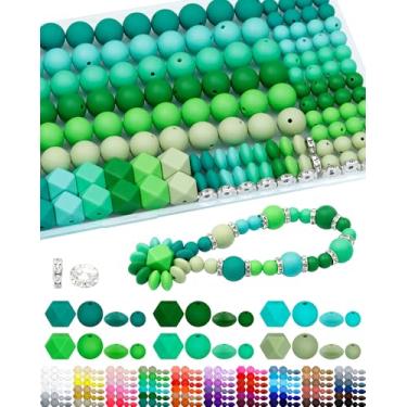 Imagem de 172 peças de contas de silicone FIVEIZERO para kit de fabricação de chaveiros, 6 cores verdes mistas de contas de silicone de 9 mm e 15 mm, contas de lentilha, contas hexagonais e contas espaçadoras