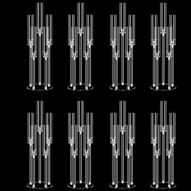 Imagem de Conjunto de 8 peças centrais de candelabro de acrílico com 5 braços para decorações de mesa de casamento, suporte de castiçais transparentes com sombra acrílica para dia dos namorados, jantar, lareira