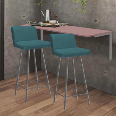 Imagem de Kit Mesa Suspensa de Parede Fixa mdf Rosa + 2 Banquetas Lexi Ferro Prata Suede Azul Turquesa - Ahazzo Móveis