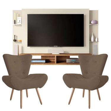 Imagem de Painel Para Tv Domínio Off White Buriti e Kit 2 Poltronas Decorativas Bella Capuccino – Caemmun