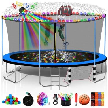 Imagem de Goujxcy 12FT 14FT 15FT 16FT Trampolim para crianças e adultos, 1500 LBS trampolins ao ar livre com cesta de basquete, luzes, sprinkler,
