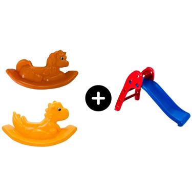 Imagem de Escorregador Baby Infantil Vermelho c/ Azul + Dino Amarelo + Unicornio Laranja para a diversão de meninos e garotos de todas as idades Toy kids brinqu