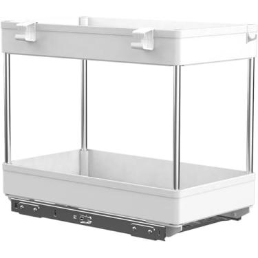 Imagem de RIAAJ Prateleira de pia de cozinha branca sob a pia organizador de cesta de armário de utensílios domésticos prateleira de armazenamento simples com trilho deslizante rack branco para cozinha banheiro