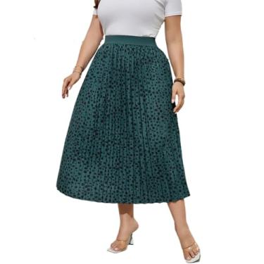 Imagem de KOJOOIN Saia plissada plus size plus size saia elástica cintura boho saias midi plus size para mulheres curvilíneas, Pontos verdes, GG
