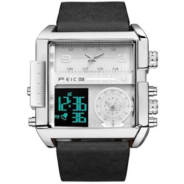 Imagem de FEICE Wathes Relógio de pulso masculino analógico digital LED quartzo relógio de negócios masculino multifunções cronógrafo quadrado 24H calendário pulseira de couro exclusiva FK030, Preto, Retrô
