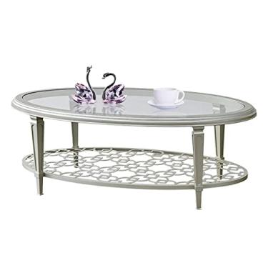 Imagem de AKALNNB Mesa de centro de vidro, mesa de chá oval de 2 níveis com mesa de vidro temporária e prateleira esculpida, mesa central de sofá moderna, mesa de coquetel com destaque para decoração de casa