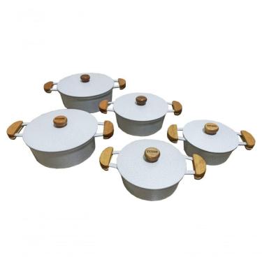 Imagem de Jogo 5 Panelas Alumínio Fundido Branca Tampa Pesada Extang