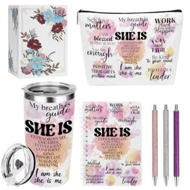 Imagem de Positive Affirmations Self Love Presentes inspiradores para mulheres, amigas, irmãs, meninas, aniversário, amizade, Natal, volume de 590 ml, bolsa de maquiagem, caneta esferográfica, caderno A6