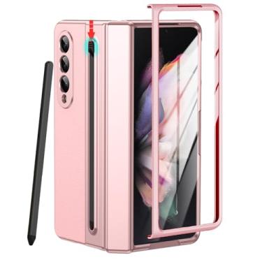 Imagem de YQODSZ Capa para Samsung Galaxy Z Fold 3 com suporte para caneta S e caneta Stylus, capa de couro premium Z Fold 3 com proteção de dobradiça, cobertura total, capa fina para Z Fold 3 rosa