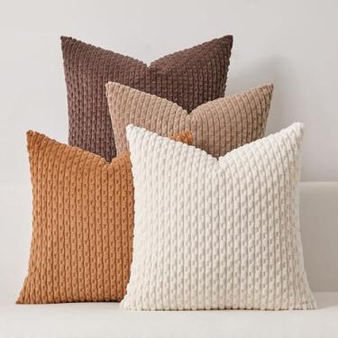 Imagem de Kevin Textile Capas de almofada decorativas 40,6 x 40,6 cm, conjunto de 4 fronhas macias de veludo cotelê boho misturam e combinam cores com textura de pelúcia para sofá, quarto, decoração de casa