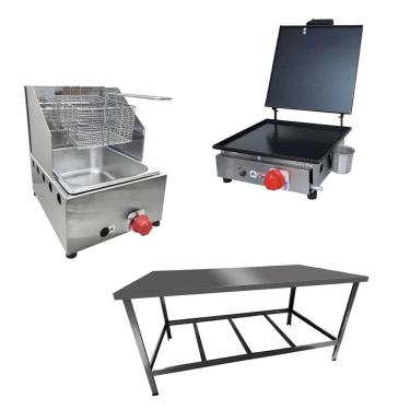 Imagem de Kit Lanchonete Mesa De Manipulação 120x55cm + Fritadeira A Gás 1 Cuba + Chapa A Gás 30cm Alcamar