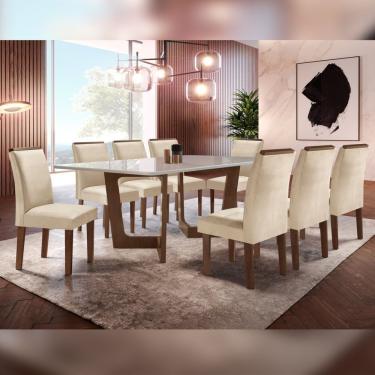 Imagem de Conjunto Sala De Jantar Nápoles Tampo Vidro/Mdf Com 8 Cadeiras Luísa Smart Plus Cel Móveis Chocolate/Off White/Bege