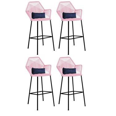 Imagem de Kit 04 Banqueta Alta Sttar Ferro Preto Fibra Rosa Bebê Almofada Sintético Azul Marinho