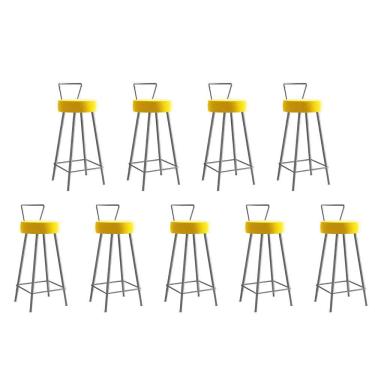 Imagem de Kit 09 Banqueta Alta Encosto Tays Eiffel Cozinha Bistrô Ferro Prata Corino Amarelo Amey Decor