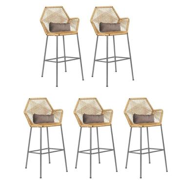 Imagem de Kit 05 Banqueta Alta Com Encosto Sttar Balcão Ferro Prata Fibra Palha Almofada Corino Bege