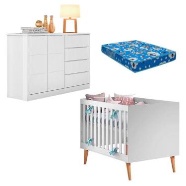 Imagem de Berço Americano com Cômoda e Colchão Ludmila 2 Portas 4 Gavetas MDF 133cm Branco Phoenix Baby